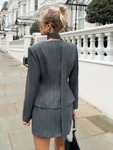 Siren Gaze Women's Gray Striped Old-Money Style Two-Piece Business Suit Striped Front Button Jacket And Midi Skirt Casual 2 Pieces Set With Scarf Spring - Dark Grey - View 5