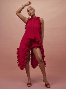 Vixey Sheer Red Chiffon Ruffle Asymmetrical Hem Sleeveless Top - Red - View 3