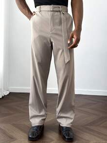 Manfinity Homme Men's Loose Relaxed Fit Adjustable Waist Straight Leg Pants, Versatile For Casual, Commute, And Home Wear Beige Pants For Men - Grey - View 3
