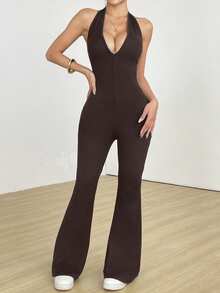 Flirla Black Deep V-Neck Backless Halter Long Jumpsuit, Super Stretchy Slimming Soft Comfortable Casual Sexy Vacation Everyday Wear For Women, Spring/Summer - Brown - View 3