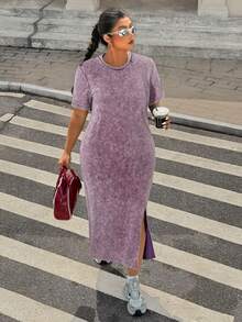 Muchica 大码宽松长款雪花印花T恤裙 - 紫色 - 查看 1