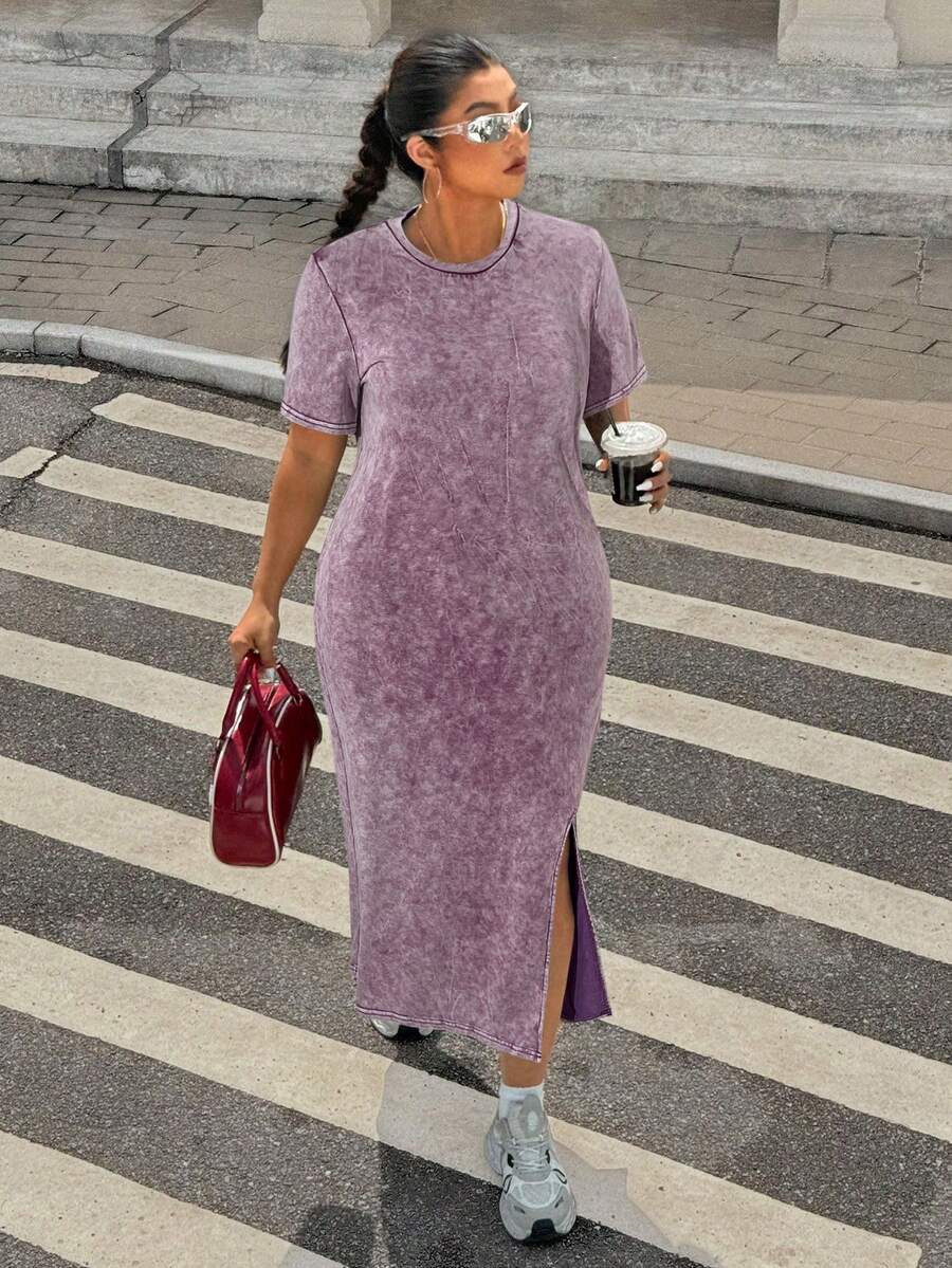 Muchica 大码宽松长款雪花印花T恤裙 - 紫色 - 查看 1
