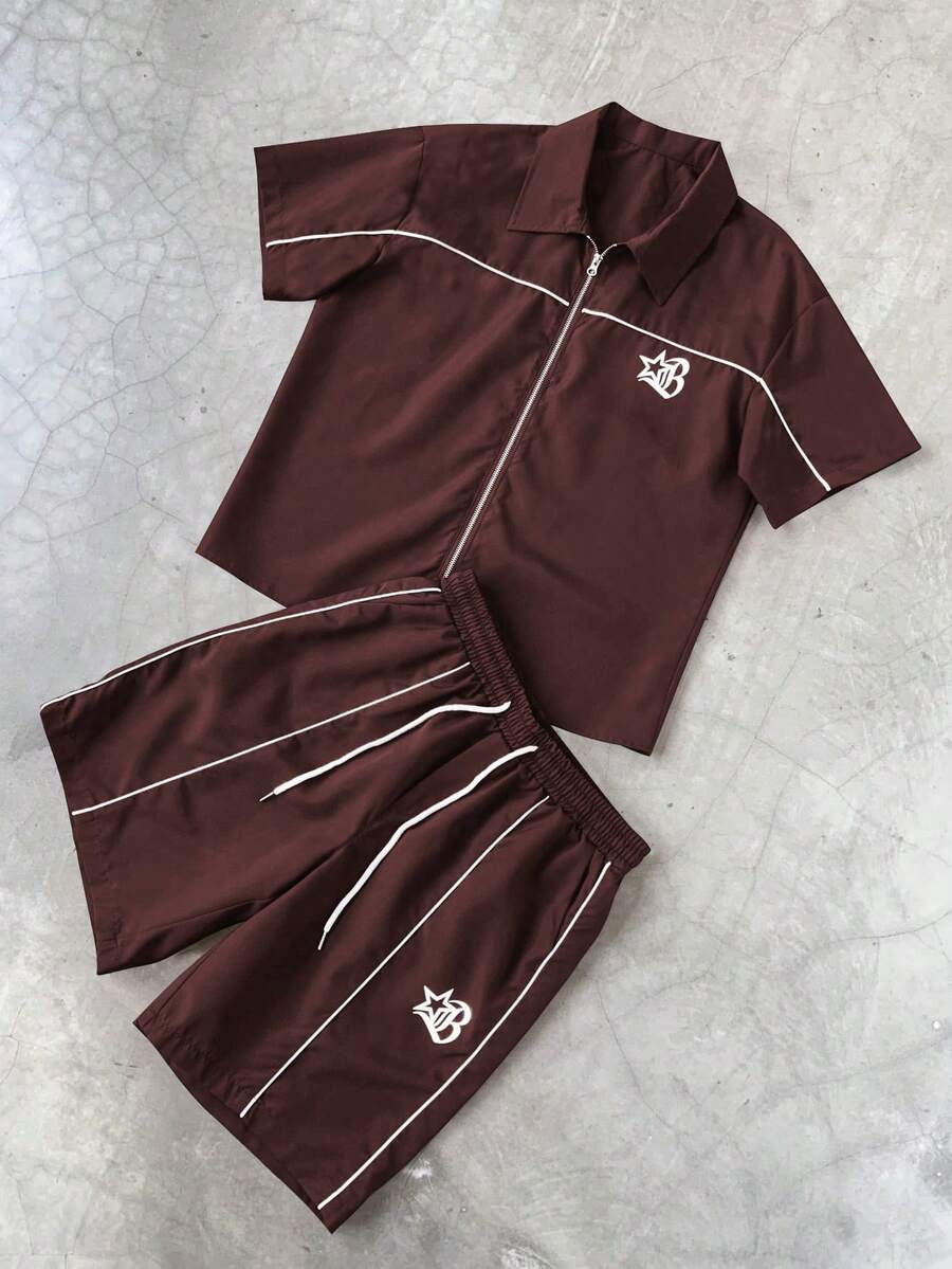 PAVTROS Manfinity Streetrush 2pcs Men's Star Print Short Sleeve Zipper Front Shirt & Shorts Outfit - Burgundy - View 1