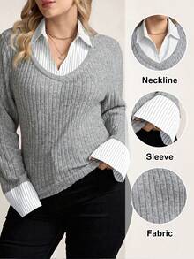 Zelara T-shirt à manches longues côtelé 2 en 1 pour femmes grandes tailles, décontracté pour femmes, pour l'hiver, pour femmes, Aïd Al-Adha, vacances de printemps - Gris - Voir 4