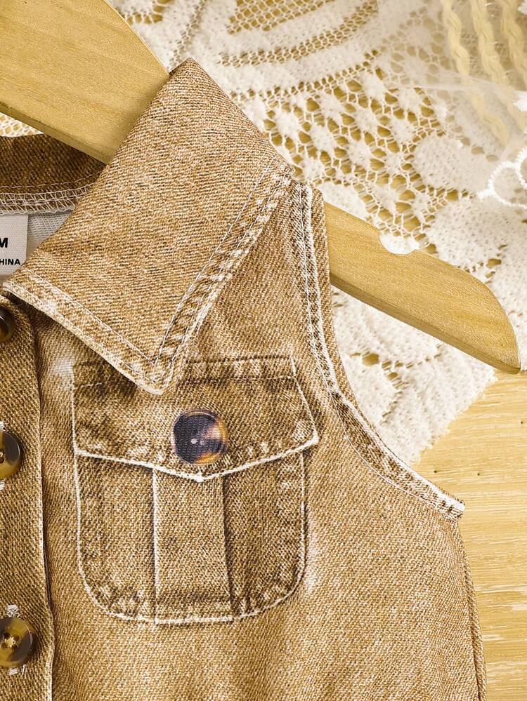 SHEIN 1 Peça Vestido Casual de Verão Retrô Azul Claro para Meninas Bebê, Estampa de Denim com Desenho de Animal Fofo, Decote com Lapela e Botões, Sem Mangas, Bolsos Falsos, Versátil e na Moda, Novidade de Verão - Caramelo - Visão 8