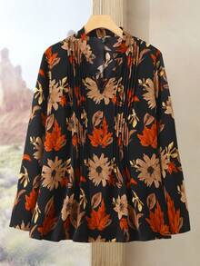 Lacomfia 大码女式黑色印花衬衫，小立领，前中开襟设计，宽松版型 - 彩色 - 查看 1