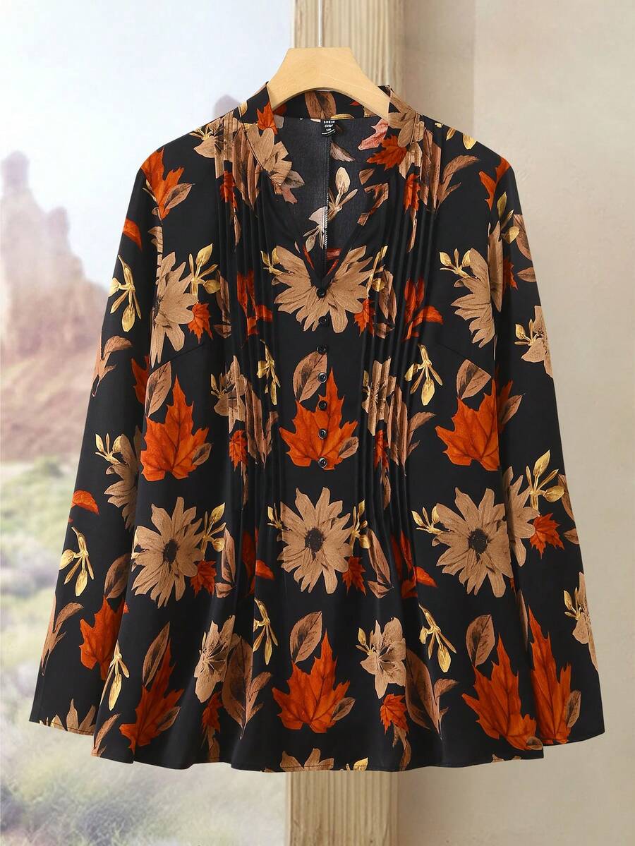 Lacomfia 大码女式黑色印花衬衫，小立领，前中开襟设计，宽松版型 - 彩色 - 查看 1