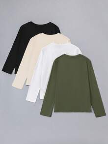 Vacaura 4件装高性价比青少年（男）T恤，黑色、灰色、白色、卡其色，4种颜色可选，4件套百搭休闲T恤套装 - 彩色 - 查看 2