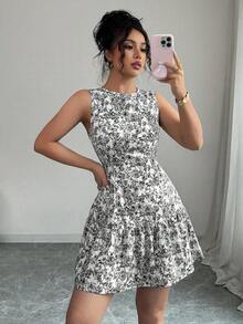 Vestido elegante de cuello redondo con estampado bohemio para mujer,Diseño ajustado a la cintura con detalles de volantes,Vestidos de mujer, vestidos estampados de mujer - Negro - Ver 5