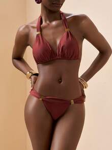 Zivah 新款优雅可调节肩带和腰部设计度假休闲沙滩比基尼套装 - 棕色 - 查看 6