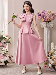 Pitira Vestido de satén tejido rosa para adolescentes con decoración floral 3D y volante asimétrico en la cintura, vestido casual para fiesta de cóctel, temporada de bodas - Rosa - Ver 5
