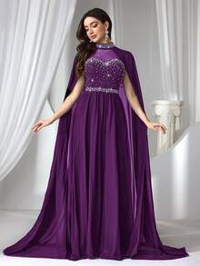 Coutiva 女士水钻和仿珍珠装饰正式晚礼服（重工装饰）紫色晚礼服披肩连衣裙紫色礼服紫罗兰色连衣裙女士晚礼服女士披肩连衣裙紫罗兰色正式礼服水钻装饰连衣裙长款紫色连衣裙装饰正式礼服女士正装 - 紫色 - 查看 7