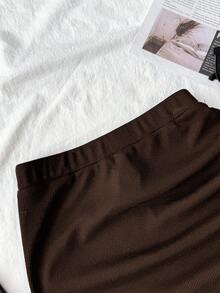 Tween Girl High Waist Pleated Slit Hem Ribbed Knit Skirt - Brown - View 3