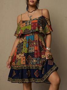 SHEIN VCAY 大码女式拼接印花露肩时尚连衣裙 - 彩色 - 查看 8