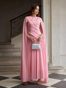 ZEYLAH Women's Round Neck Rhinestone Decor Luxurious Elegant Extra Long Cloak Dress - Baby Pink - View 5