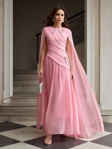 ZEYLAH Women's Round Neck Rhinestone Decor Luxurious Elegant Extra Long Cloak Dress - Baby Pink - View 6