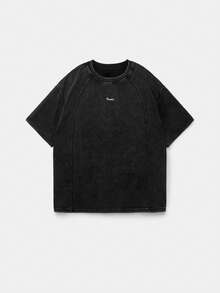 SWAVVY 男士休闲宽松黑色T恤，饰有刺绣雪花拼接图案，夏季款 - 黑色 - 查看 3