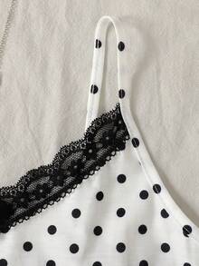 SHEIN Tween Girls' Summer Casual Polka Dot Print Contrast Lace Camisole