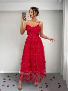 Rafferiza Women's Romantic Mesh Jacquard Spaghetti Strap Dress - Red - View 1