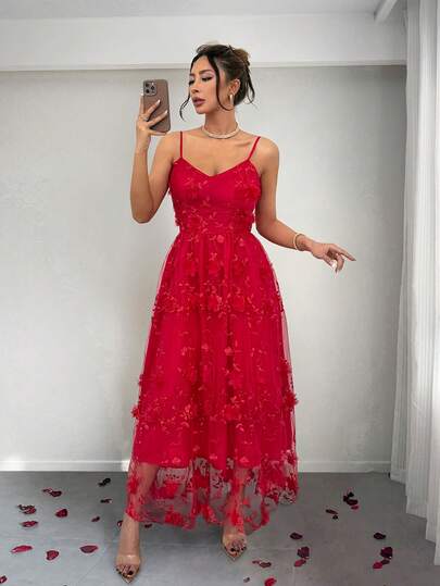 Rafferiza Women's Romantic Mesh Jacquard Spaghetti Strap Dress