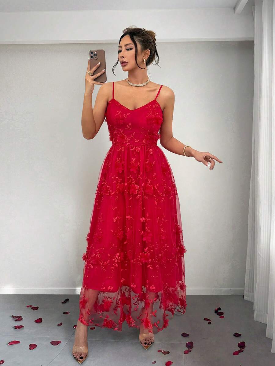 Rafferiza Women's Romantic Mesh Jacquard Spaghetti Strap Dress - Red - View 1