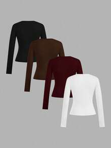 SHEIN EZwear 4件套女士休闲紧身圆领长袖T恤套装 - 彩色 - 查看 2