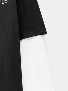 Manfinity Unisex 男士撞色二合一圆领长袖字母印花休闲T恤