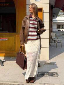 Almamuse 女士弹力腰蕾丝长款优雅半身裙 - 白色 - 查看 3