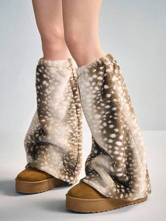 Fairycore 1 Pair Cute, Adorable Y2K Sexy Deer Print, Solid Color Fluffy Leg Warmers For Women, Suitable For School, Shopping, Travel, Etc. Warm & Fashionable Item For Christmas, Autumn/Winter