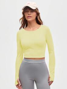 Eassivo Eassivo Women's Lime Green Long Sleeve Active Top,Crisscross Cut-Out Open Back Gym Top,Summer Athleisure Running Fitness Yoga Sports T-Shirt,Workout Shirt - Yellow - View 4