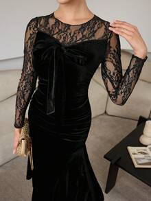 Modelyn Robe femme sexy en patchwork de dentelle noire et velours avec taille cintrée - Noir - Voir 8