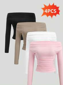 Conjunto de 4 piezas para mujer: Blusa de manga larga hombros descubiertos, blusas cortas entalladas, cómodas y amigables con la piel, versátil y estilizador,para uso al aire libre, sexy, adecuada para boda, cita, Navidad, San Valentín, vuelta al colegio, ropa de mujer para otoño/invierno - 4PCS - Ver 2