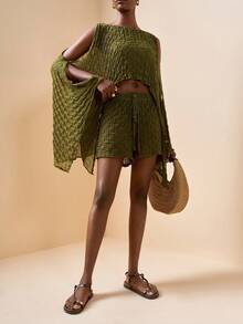 Zivah 女士蝙蝠袖上衣和抽绳腰短裤休闲优雅度假沙滩罩衫套装 - 軍綠色 - 查看 4