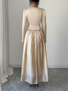 Modelyn Apricot 3D Floral Jacquard Top + Glossy Fabric Skirt 2 Pieces Set - Apricot - View 2