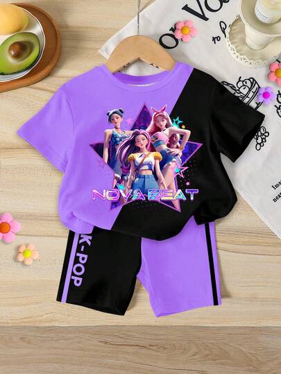 1 Set Camiseta de manga corta y pantalones cortos a juego con estampado de niña de dibujos animados y pentágono de estilo K-POP para niñas jóvenes, conjunto de ropa cómoda de punto para uso diario y ocio, conjunto de camiseta morada