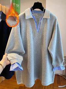 Resyla Women's Striped Patchwork 2 In 1 Thermal Lined Casual Sweatshirt - Grey - View 1