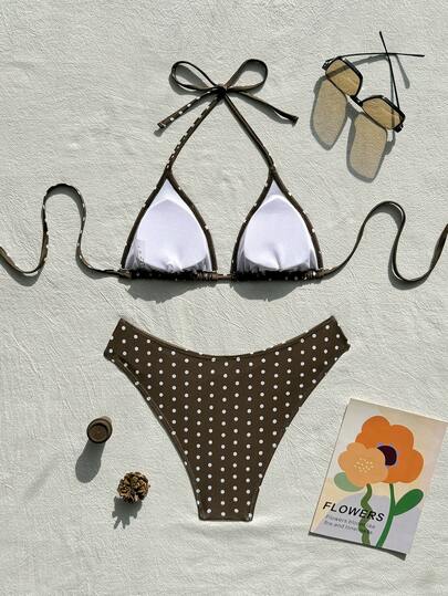 Swim Mod 2026 Spring/Summer Women's Polka Dot Print Halter Neck Swimwear With High Cut Bottoms, 2-Piece Bikini Set Polka Dot Bikini Polka Dot Bathing Suit Halter Bikini Brown Polka Dot Bikini Vacation Bikini Polka Dot Bikini