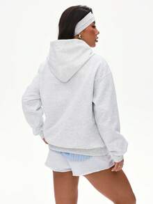 Gameset SHEIN Sport 1 buah Sweatshirt Lengan Panjang Berkerudung Kasual Campuran Linen, Cocok untuk Olahraga dan Pemakaian Sehari-hari - Light Grey - View 2