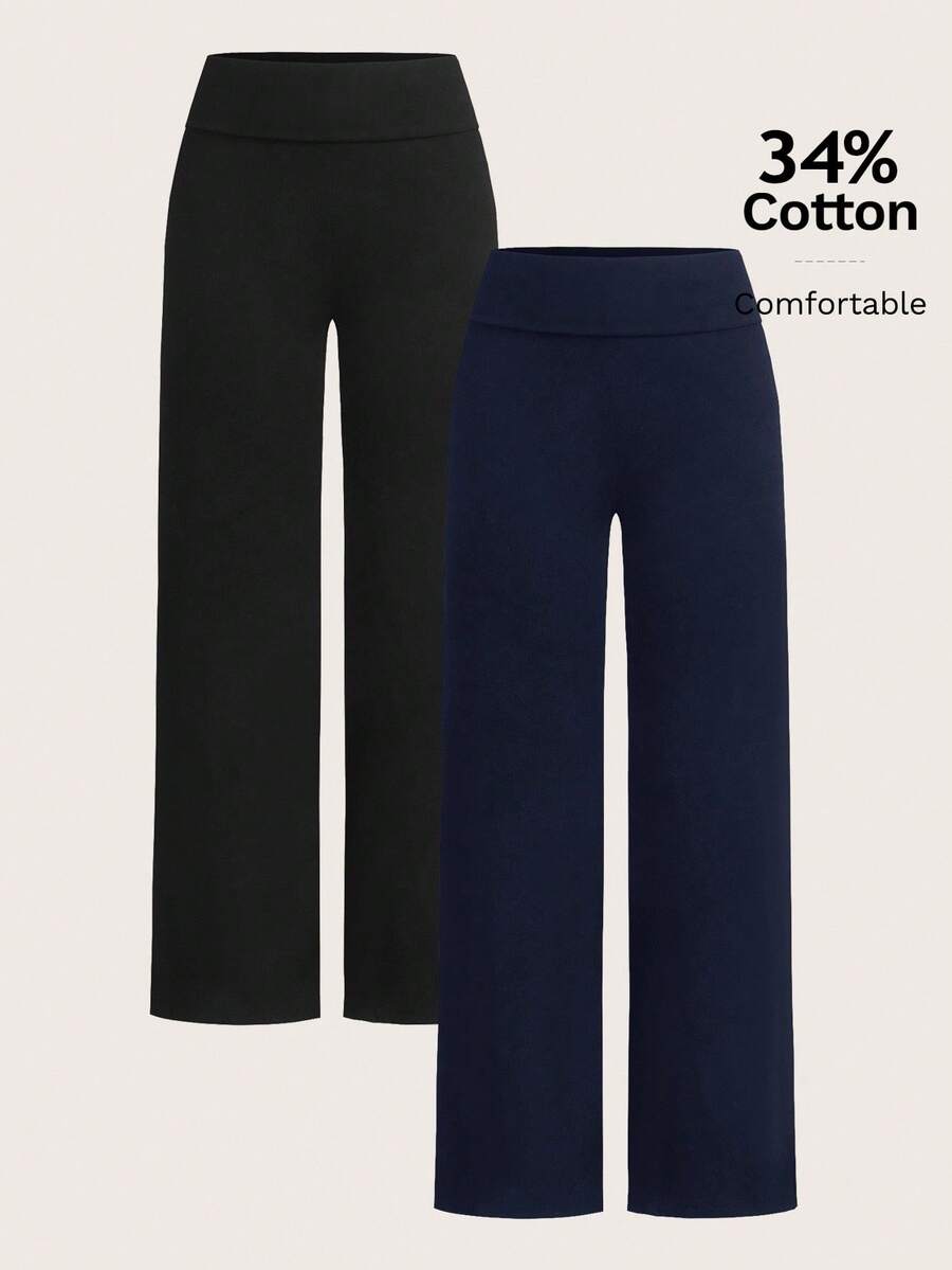 SHEIN EZwear 2 件套黑色和海军蓝高腰阔腿直筒休闲裤,适合夏季 - 彩色 - 查看 1