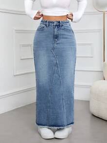 Jeanoix Women's High Waist Pocketed Frayed Hem Casual & Work Denim Midi Skirt - Blue - View 6