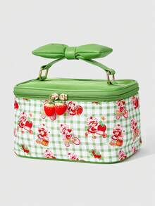 Strawberry Shortcake | ROMWE Bolsa de cosméticos portátil con asa, con diseño de patrón de dibujos animados lindo y acolchado para mujer - Verde - Ver 4