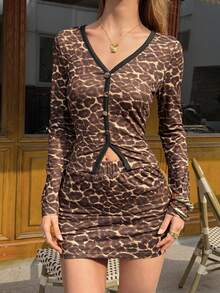 Almamuse Leoparden-Muster Langarm-Hemd und Mini-Rock Lässig 2-teiliges Set für Frauen - Kaffeebraun - Übersicht 4