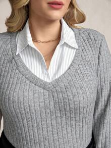 Zelara T-shirt à manches longues côtelé 2 en 1 pour femmes grandes tailles, décontracté pour femmes, pour l'hiver, pour femmes, Aïd Al-Adha, vacances de printemps - Gris - Voir 3