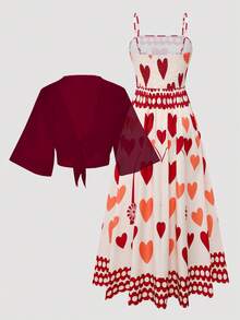 Franclia Conjunto de vestido de gasa con estampado floral diminuto y cárdigan elegante para mujer talla grande, para verano - Burdeos - Ver 3