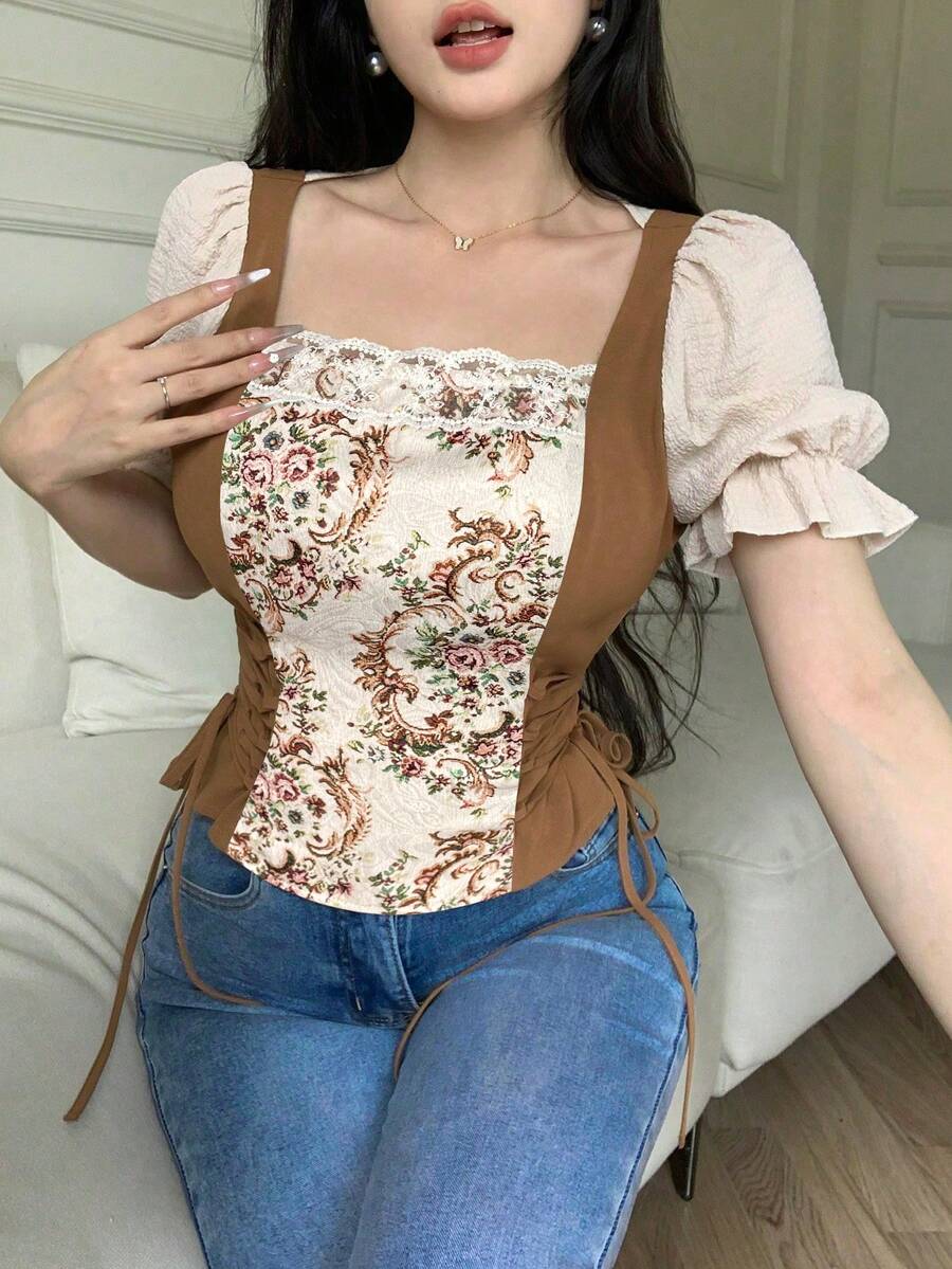 Feyla Bluză elegantă vintage pentru femei, cu mâneci bufante și imprimeu floral din dantelă