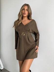 Siren Gaze 新款V领金属纽扣迷你连衣裙，棕色，秋冬款 - 棕色 - 查看 5