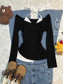 Glimmora 女士Y2K风格休闲日常通勤打结吊带长袖两用T恤，春秋季 - 黑與白 - 查看 1