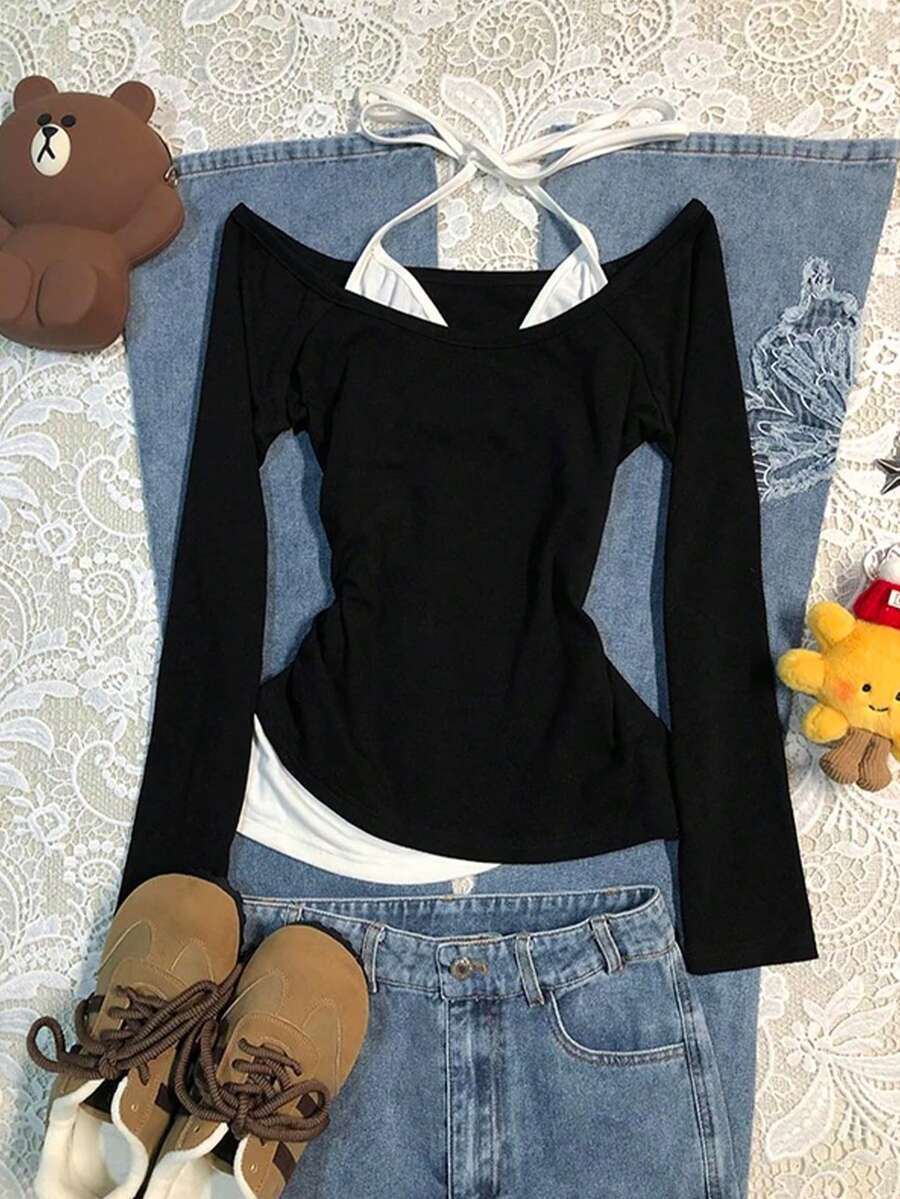 Glimmora 女士Y2K风格休闲日常通勤打结吊带长袖两用T恤，春秋季 - 黑與白 - 查看 1