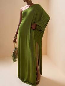 Zivah New Elegant High Slit Robe, One Shoulder Sleeve, Military Green Beach Cover Up, Suitable For Vacation, Beach, Pool Party - Army Green - View 1