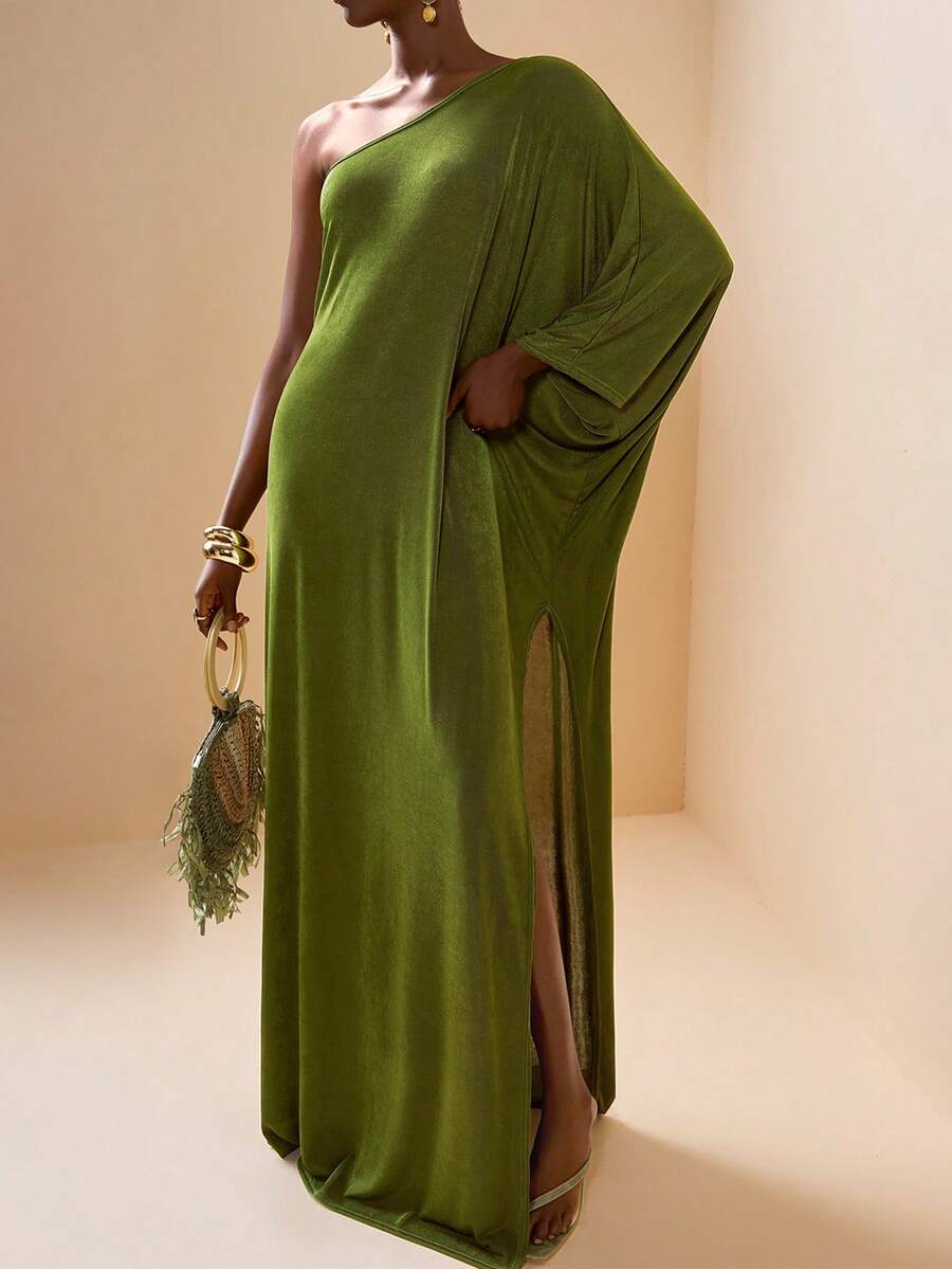 Zivah New Elegant High Slit Robe, One Shoulder Sleeve, Military Green Beach Cover Up, Suitable For Vacation, Beach, Pool Party - Army Green - View 1
